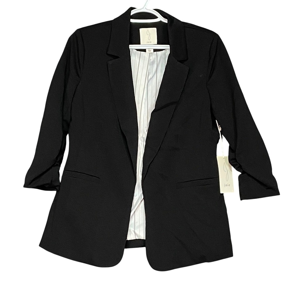 Joie Small Black Blazer Ruched 3/4 Sleeve Striped Lined Business Casual Jacket